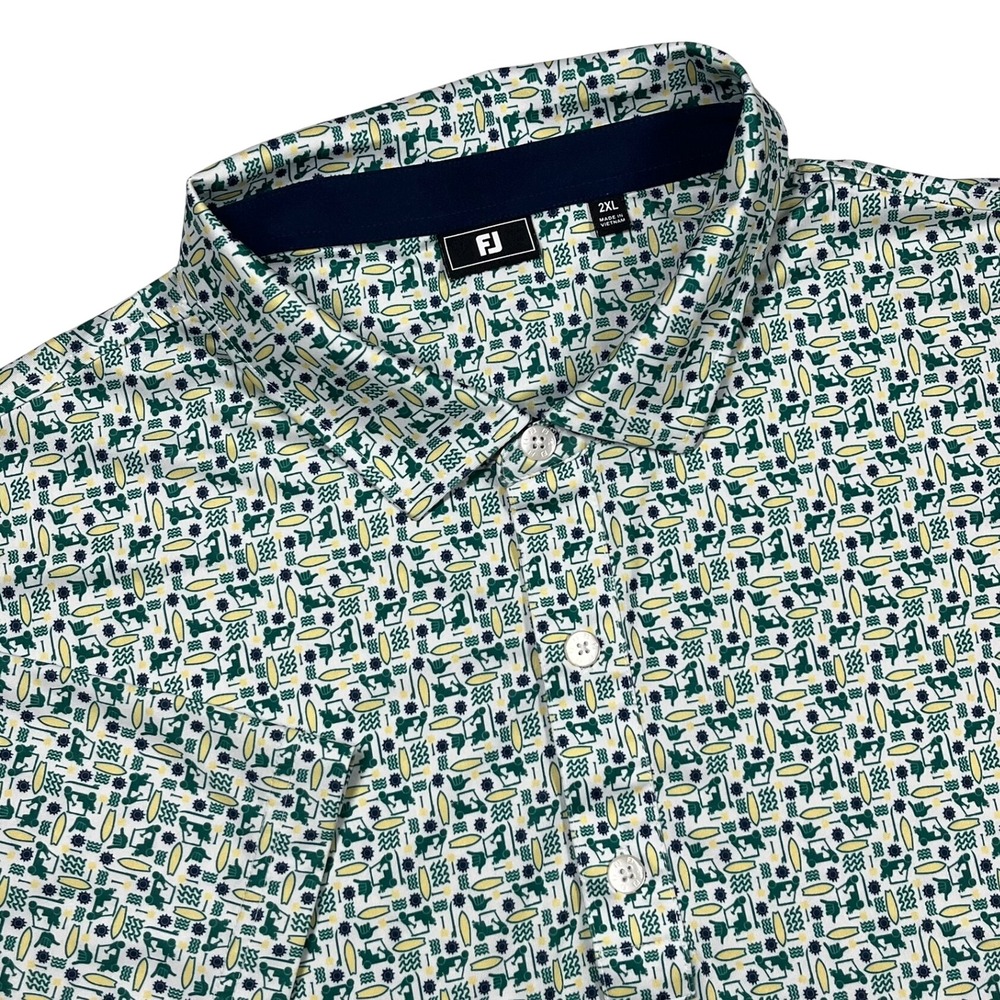Footjoy Surfs Up Lisle Performance Golf Polo Shirt Men's 2XL Field Green White